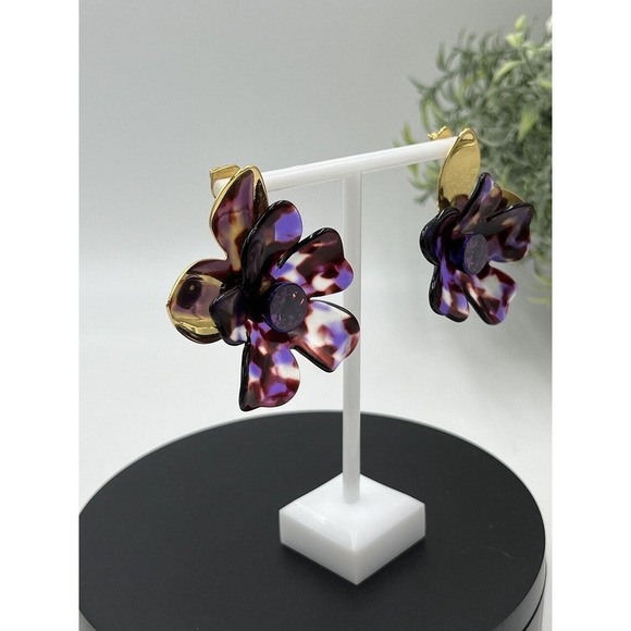 Kate Spade Large Purple Brown Floral PETAL PUSHER Gold Plated Statement Earring - Picture 7 of 15